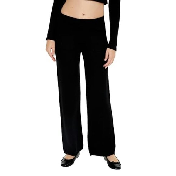 Sweater-Knit Wide-Leg Pants, Mid-Rise, Ribbed Trim, Size L - Picture 3 of 6